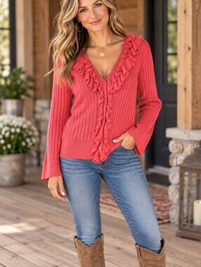 VAN HUESEN CARDIGAN BUTTIN FRONT RUFFLED COLLAR DEEP ROSE ROMANTIC WOMENS XL